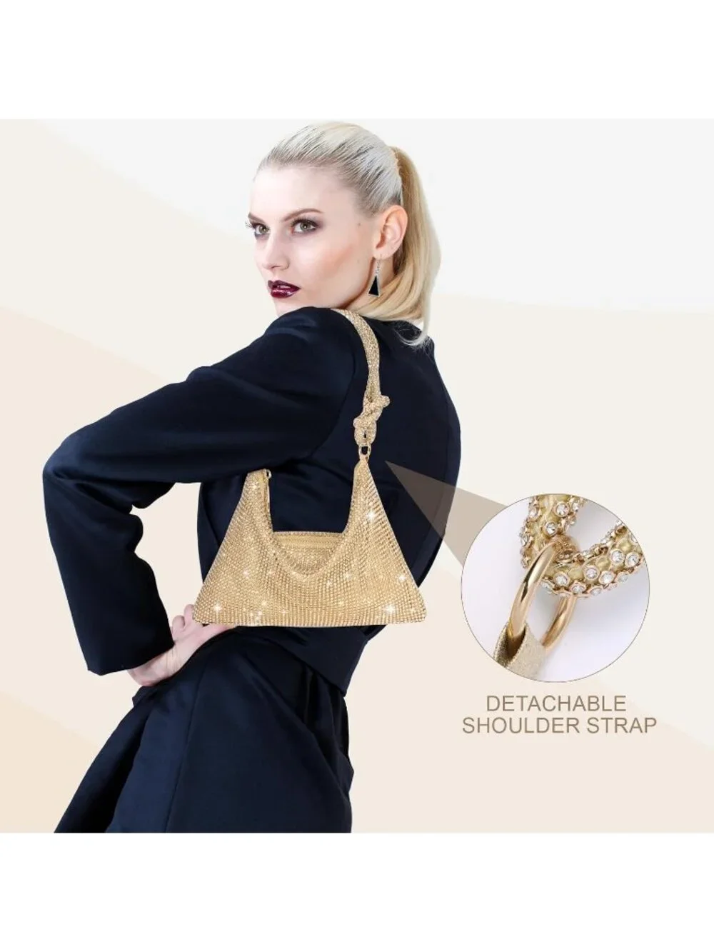 Women's Gold Rhinestone Evening Sparkly Crystal Slouchy Shoulder Clutch Purse